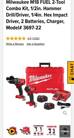 Milwaukee M18 FUEL 2-Tool Combo Kit, 1/2in. Hammer Drill/Driver, 1/4in. Hex Impact Driver, 2 Batteries, Charger, Model# 3697-22