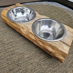 Large Wooden Double Pet Bowl Stand with Removable Stainless Steel Bowls