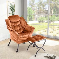 Comfy Lazy Chair with Ottoman, Lounge Accent Chair with Folding Footrest and Side Pocket, Large Armchair, Supports 400 lbs, Velvet Orange