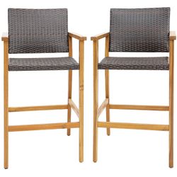 Costway Set of 2 PE Wicker Patio Bar Chairs with Acacia Wood Armrests HW71478-2