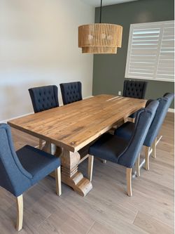 Solid Pine Dining Table with 6 Dark Gray Chairs