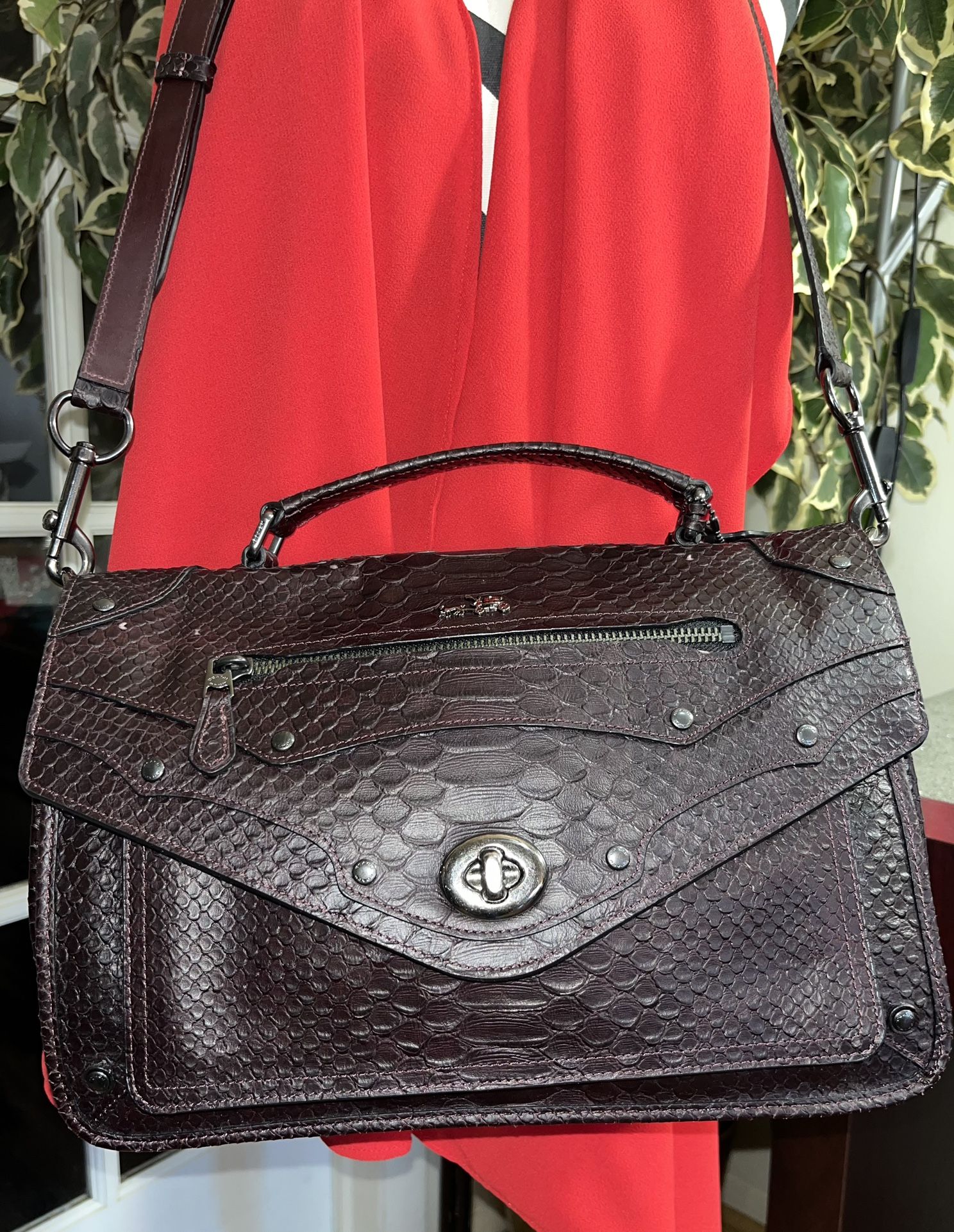 Coach Python Embossed Rhyder Messenger Bag Oxblood Purple Rare Purse.