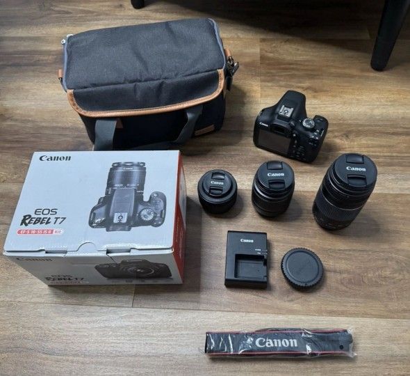 Canon EOS Rebel T7 DSLR video two lens kit with EF S 18-55mm and EF 75 300mm lenses