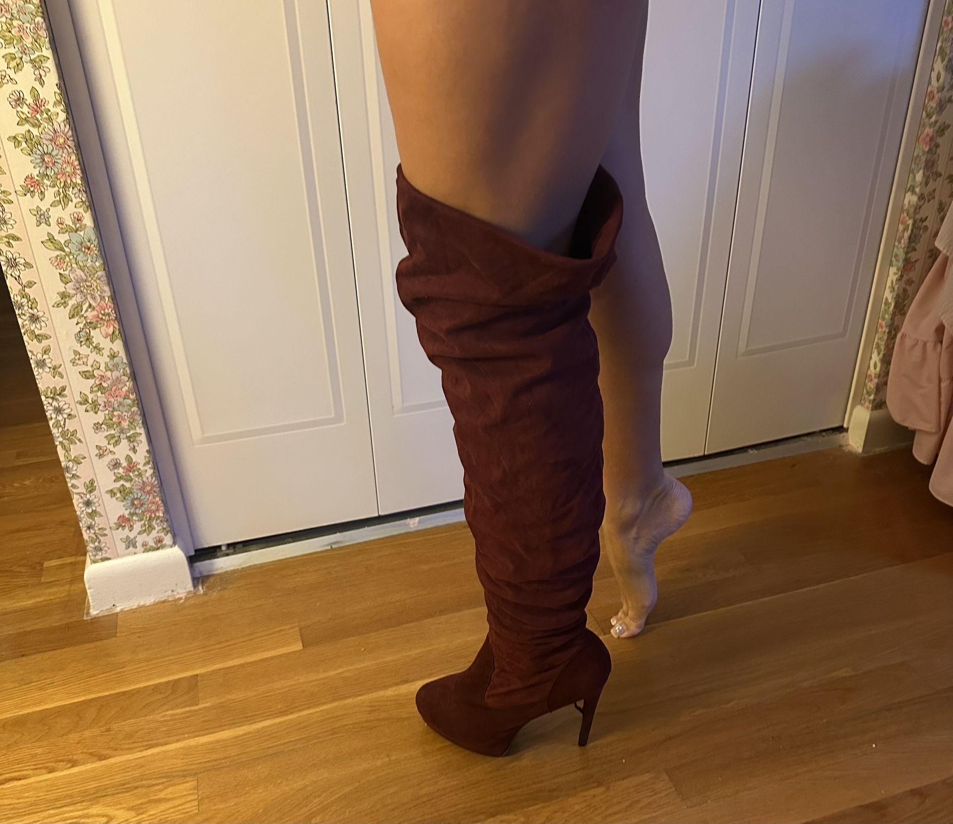 Burgundy Platform Thigh High Heeled Boots- Size 10