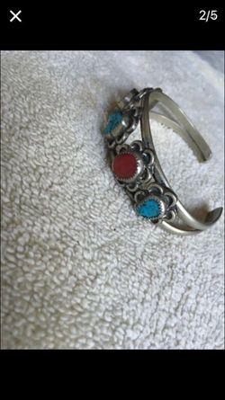 Sterling silver cuff with coral and turquoise stones