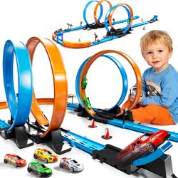 LILYBUDS Race Track Toy Set – 35+ Piece Slot Car Track with 4 Loops & 4 Die-Cast Cars for Kids