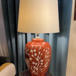 Vintage Red glass table lamp raised white glass floral details six sided Asian design