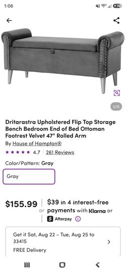 Gray Velvet Storage Bench with Rolled Arms