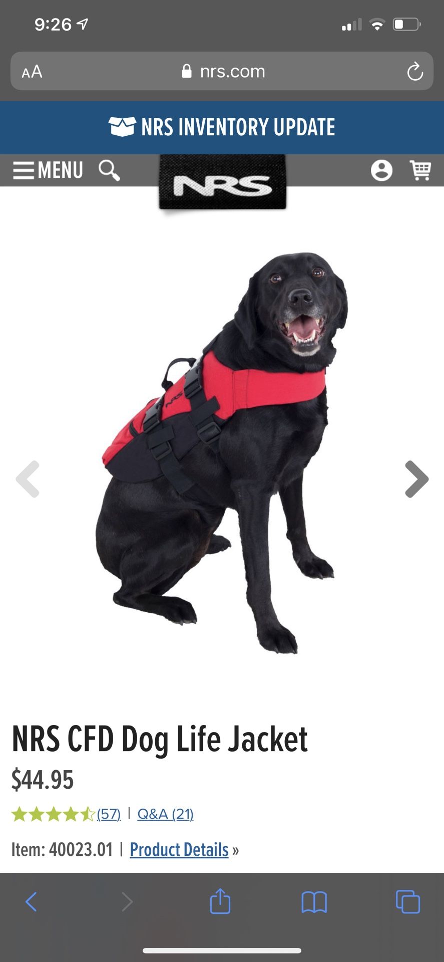 NRS CFD Dog Life Jacket