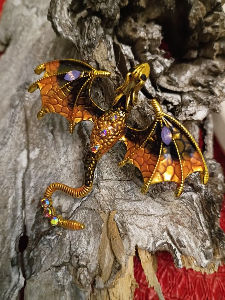 Jeweled Enamelled Dragon Pin/Pendant Black&Gold, Orange
