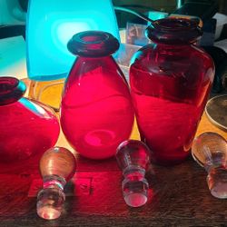 3 Vintage Hand Blown Ruby Red Perfume Bottles