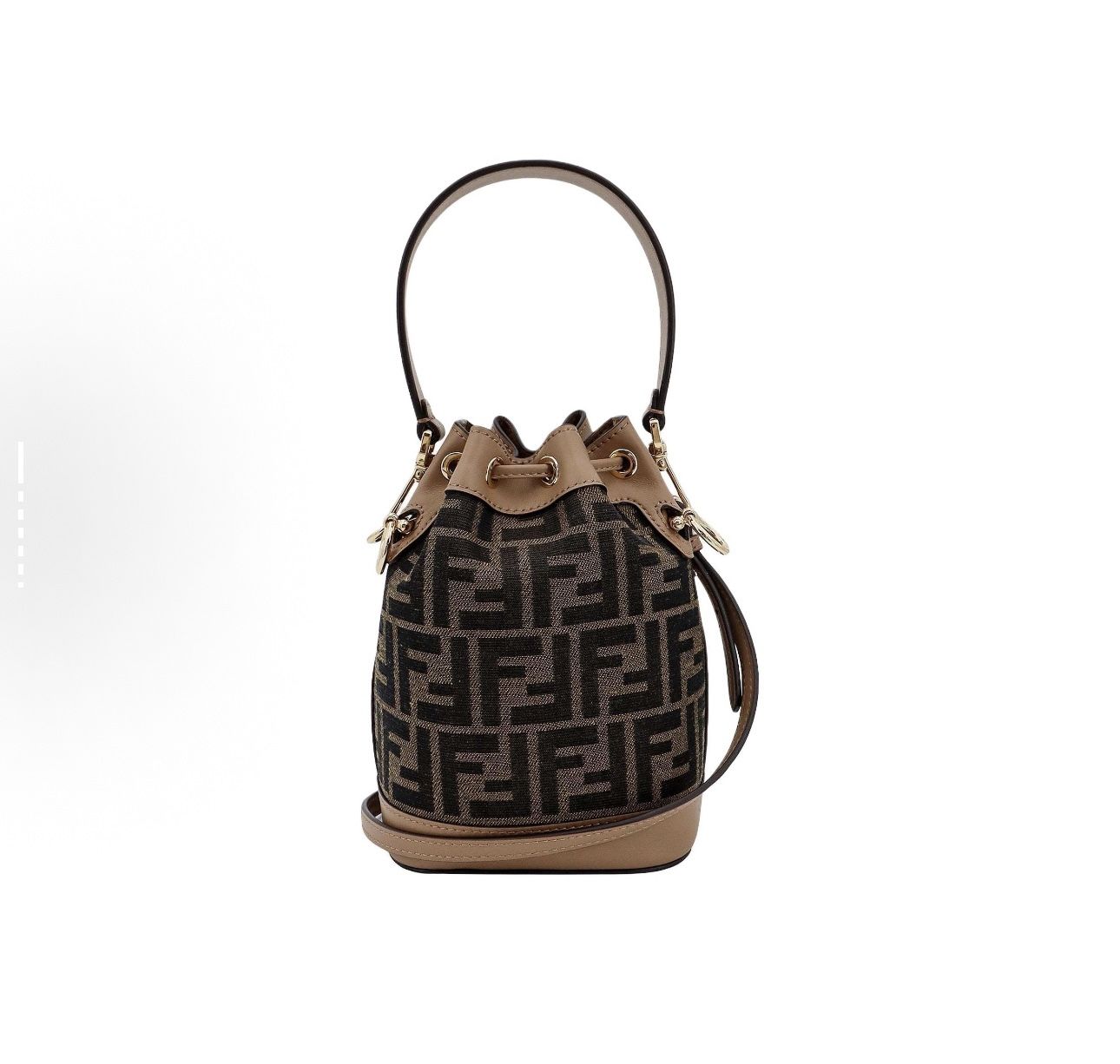 FENDI Mon Tresor detachable shoulder strap drawstring open and close FF fabric calfskin bucket bag handbag cross-body bag shoulder bag(20)84