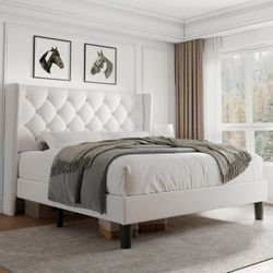 Queen Size Bed Frame with Diamond Button Tufted Wingback Headboard, Upholstered Platform Bed Frame with  Wood Slat Suppor