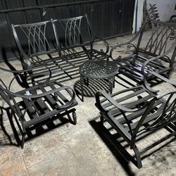 Metal Outdoor Patio Bench & 3 Rocking Metal Chairs & Middle Aluminum Table