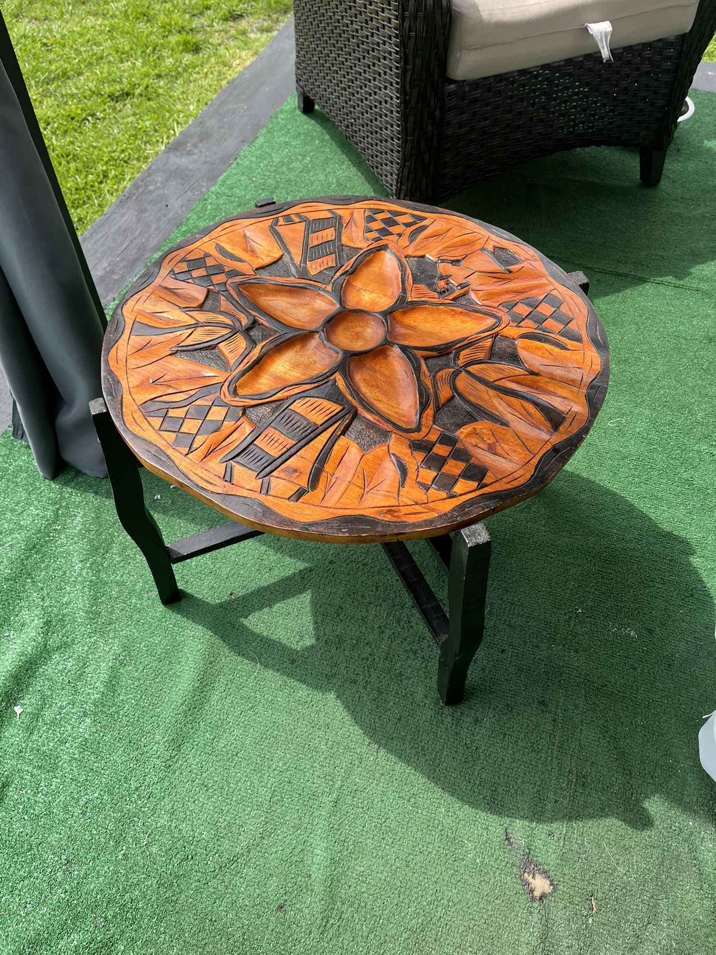 Vintage Haitian Folk Art Hand Carved Wood Chess Checkers Board reversible top Folding Table 22" tall