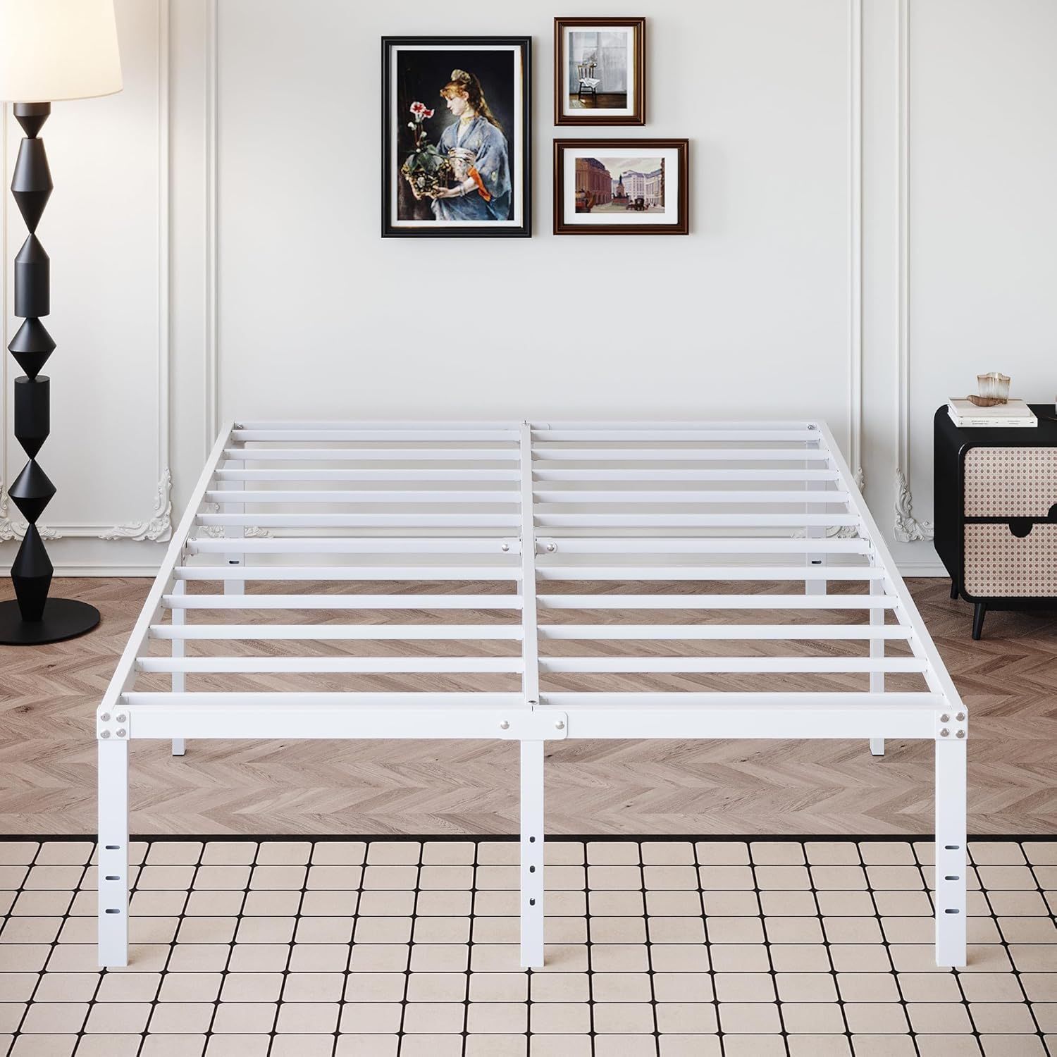 18 Inch White Full Size Bed Frame Heavy Duty Metal Platform No Box Spring Needed