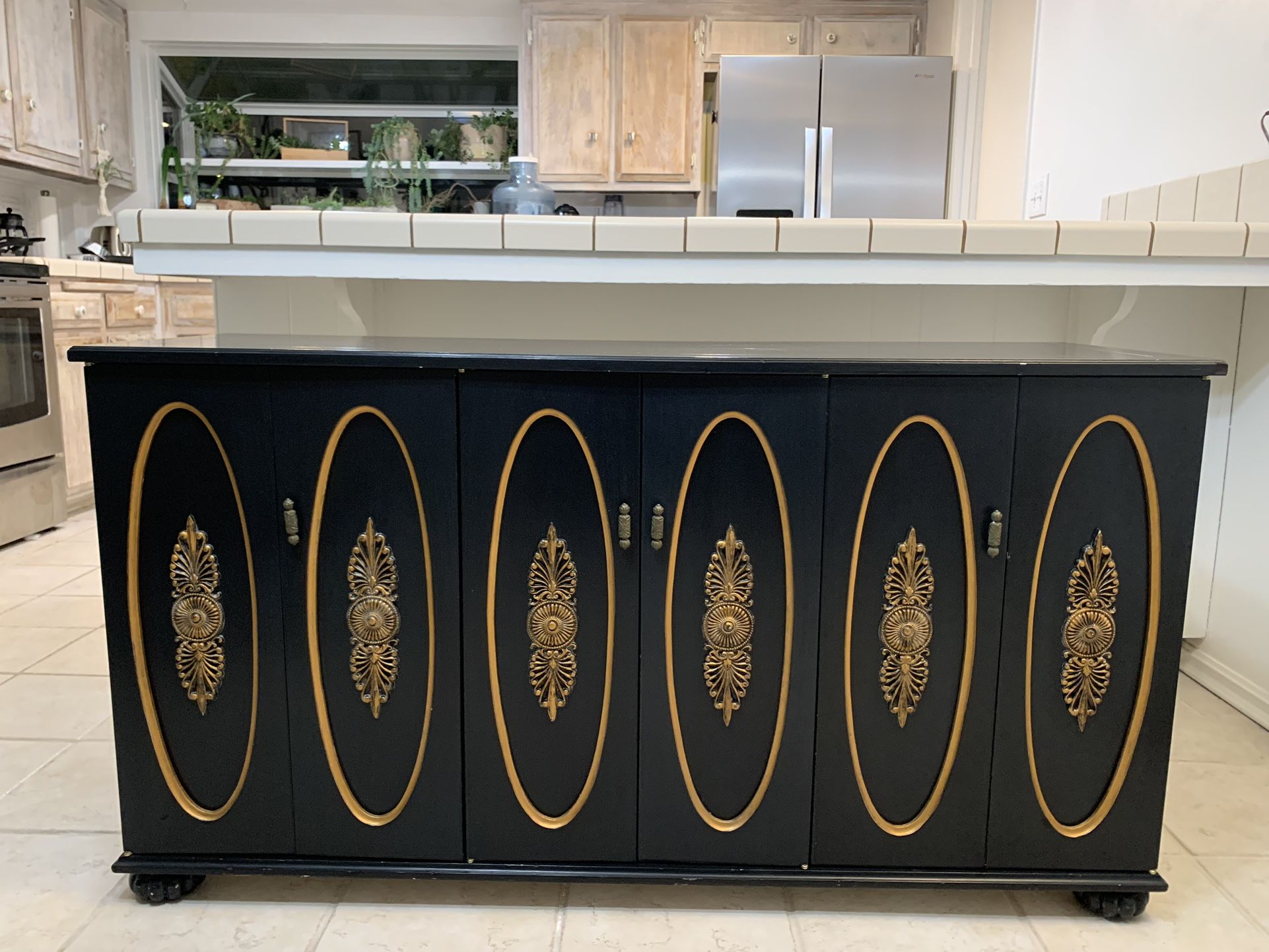 Vintage Mid Century Black Wooden Liquor Or Regular Cabinet With Storage Shelves