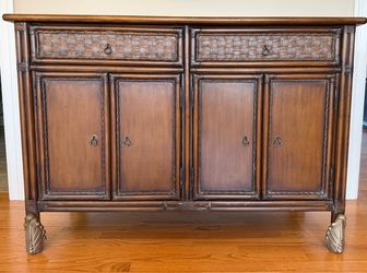 52x22x36 Carved Wood & Rattan Sideboard / Console Cabinet