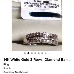 14k White Gold 3 Rows Ring Band New