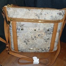 Rosetti, Vintage Style Floral Design, Beige With Brown Trims, Crossbody Bag.
