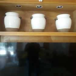 Three Ceramic Pots With Leather Handles 