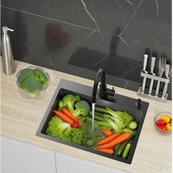 24 x 18 Inch Black Drop in Kitchen Sink, 304 Stainless Steel Single Bowl Sink, Topmount 9 Inch Deep Wet Bar sink for Kitchen Outdoor Prep RV Yard Laun