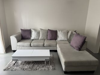 2 piece Wayfair couch sofa with chaise: purple, silver, and light gray