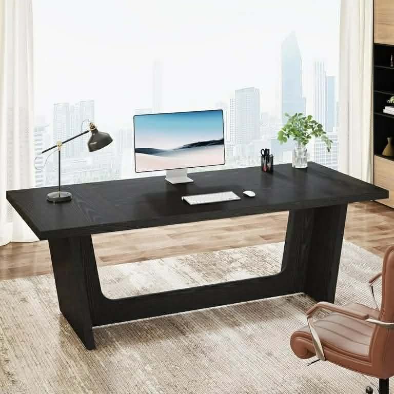 70.87 Inch Executive Computer Desk with Solid Wood Pedestal, Black