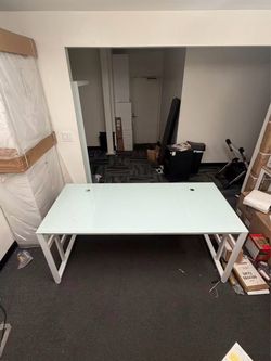 2519 $120 Computer desk with tempered glass tabletop and metal frame; modern minimalist home office desk featuring cable management holes; suitable a