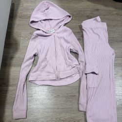 Pink Ribbed Lounge Set – Zip Hoodie & Pants – Size M