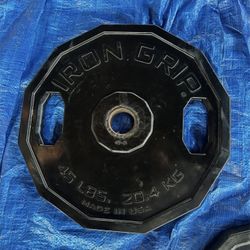 Two Iron Grip 45lb Plates $100. And One 95lb Iron Grip Curl Bar $100