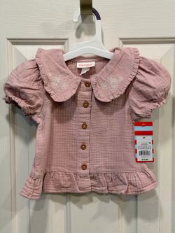 Girls 2T Pink Solid Cotton Short Sleeve Collared Button Blouse
