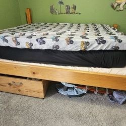 Free- Full Size Bed Tent, Mattress, Wood Frame (Xl), 4 In Pad, Wood Under Storage Drawer