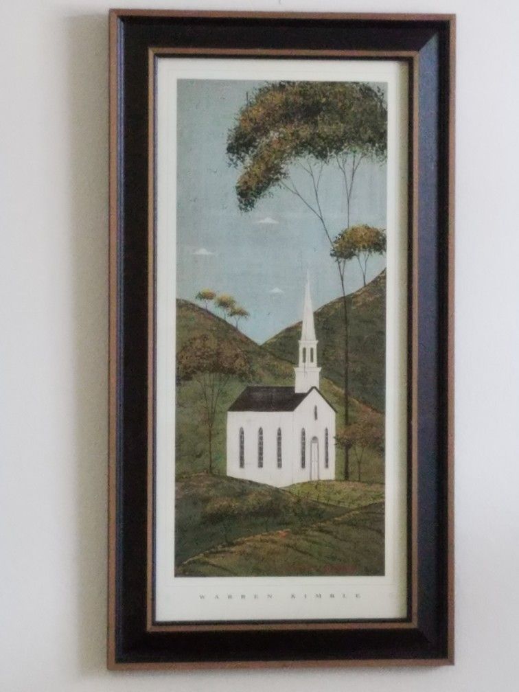 Warren Kimble American Folk Art framed print "Church in Hills"