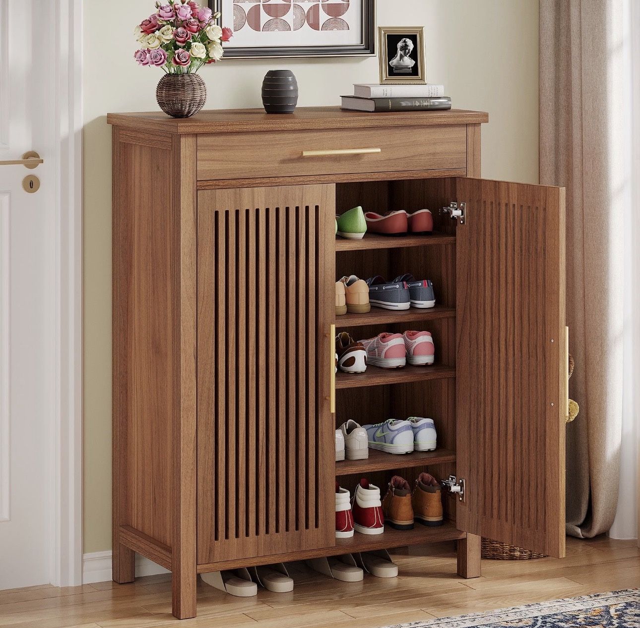 Tribesigns 5-Tier Shoe Cabinet with Louvered Doors & Drawer, 20 Pairs Freestanding Wooden Shoe Rack Storage Cabinet with Adjustable Shelves for Entryw