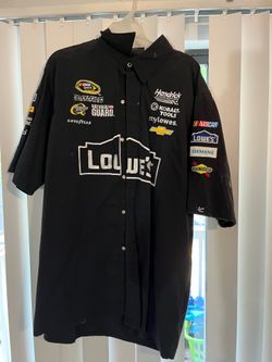 Chase Authentics NASCAR Jimmie Johnson button-up racing shirt features a large embroidered Lowe's logo on the front