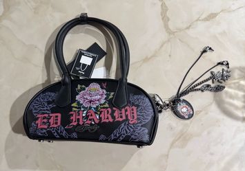Ed Hardy Black Small Satchel Top Handle Tiger Rose Zip Bag Charm Silver Hardware