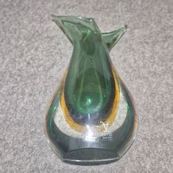Murano Signed Sommerso Formia Handblown Glass Emerald and Amber Vase 9.5in Tall