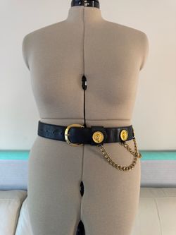 Vintage New York Studio Black Leather Belt Gold Lion Coin Medallion Swag Chain M