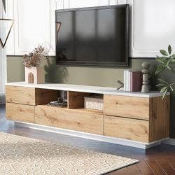 71" Modern Natural Wood / White TV / Media Stand w/ Open Shelves & Drawers [NEW] **Retails for $330  <Assembly Req>