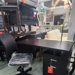 Office Desk Cappuccino Finish, Engineered Laminate, Wood, Others. Hardware Silver Finish, Euro Drawer Glides, One Drawer And One File Cabinet, New 