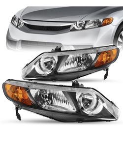 For 2006-2011 Honda Civic Sedan  Black Amber Headlights Assembly Left+Right
