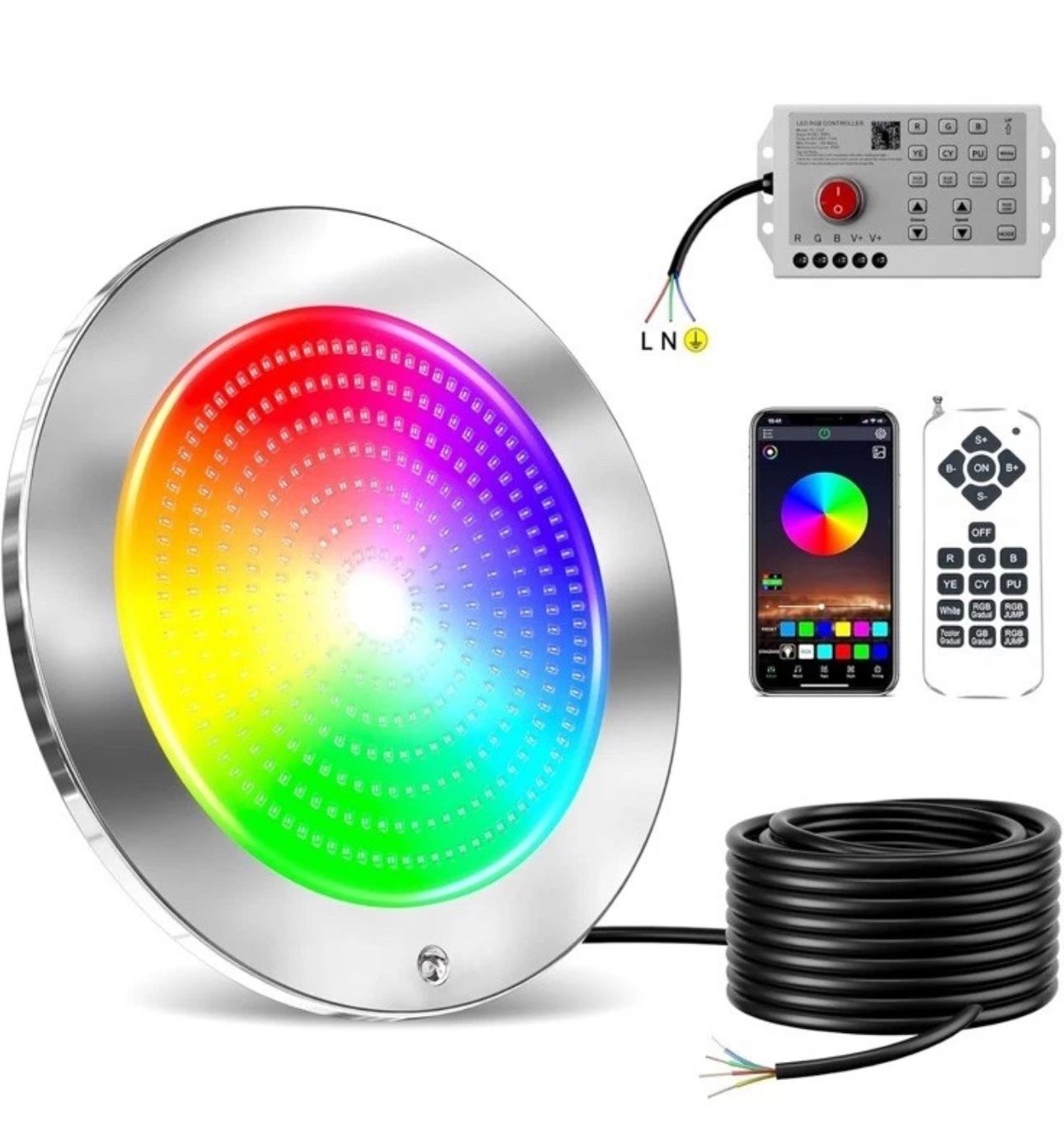 PoCare 54W 10 inch LED RGB Pool Lights for Inground Pool MultiColor 50 FT Cord