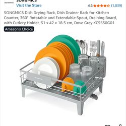 Dish Drying Rack, Dish Drainer Rack for Kitchen Counter, 360° Rotatable and Extendable Spout, Draining Board, with Cutlery Holder, 31 x 42 x 18.5 cm, 