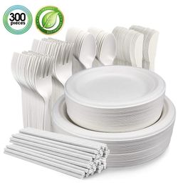 300Pcs Biodegradable Disposable Dinnerware Set, Microwavable Eco-Friendly Sugarcane Plates, Compostable Cornstarch Cutlery, Forks, Knives, Spoons and