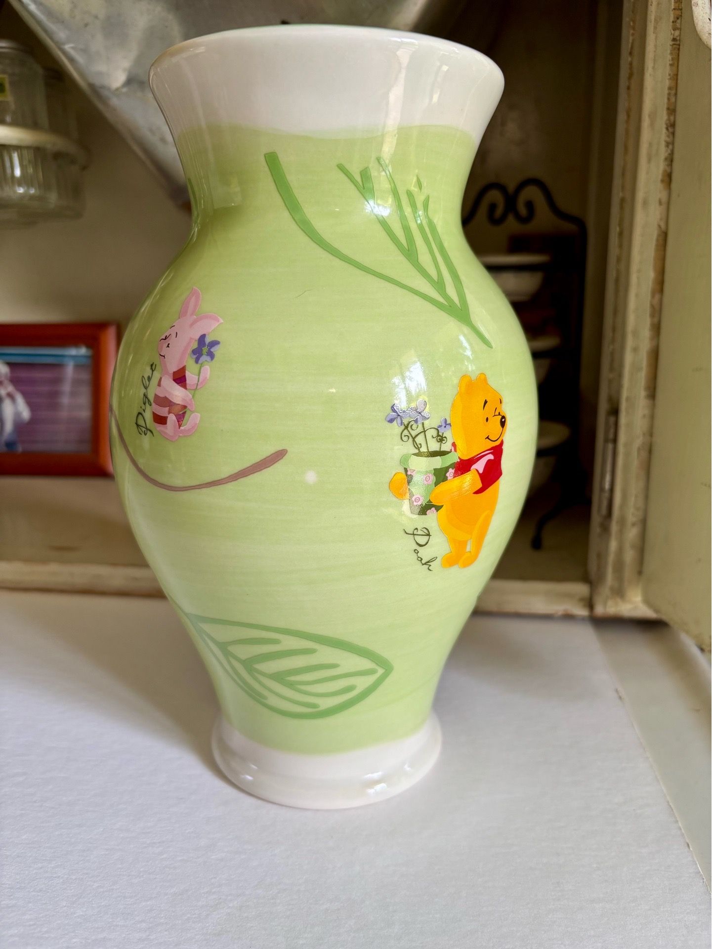 Disney Store Winnie the Pooh 9.5 inch Green Vase Eeyore Piglet Flower Pot