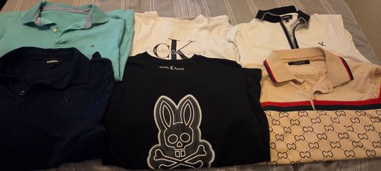 6 men's t-shirts in sizes Small and Extra Small for $40 cash only. Includes shirts from Psycho Bunny, Express, Calvin Klein, Tommy Hilfiger, and Giann