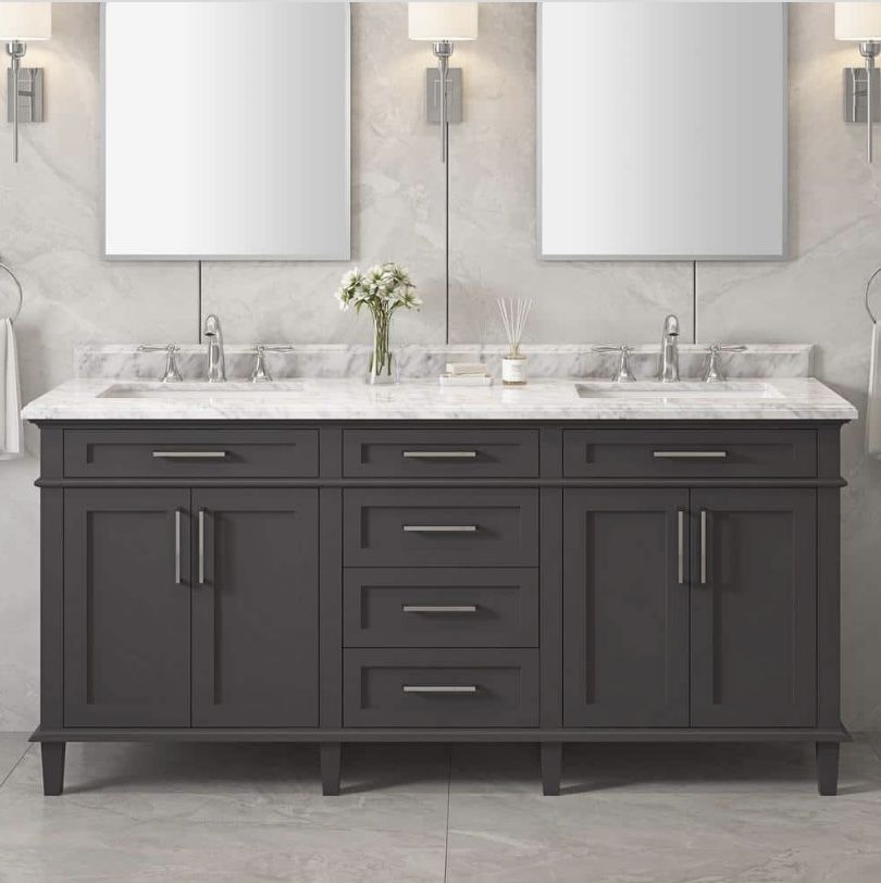 Home Decorators Collection Sonoma 72 in. Double Sink Dark Charcoal Bath Vanity with Carrara Marble Top
