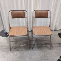 Pair of Bronze Metal Folding Chairs with Wood-Look Seats