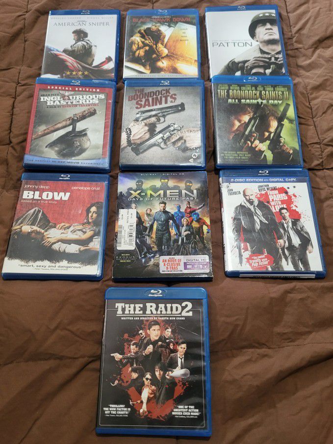 Blu-Ray Movies: Boondock Saints; Blow; American Sniper; Inglorious Bastards; Blow; Black Hawk Down; Patton 